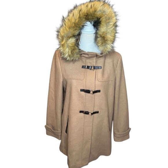 Cole Haan Wool Blend Camel Coat Jacket Faux Fur Trim Hooded Faux Leather Sz 12 - Picture 1 of 12